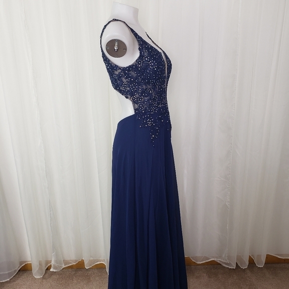 Blondie Nites Stacy Sklar navy blue formal dress openback rhinestone high slit 5 - Picture 6 of 13
